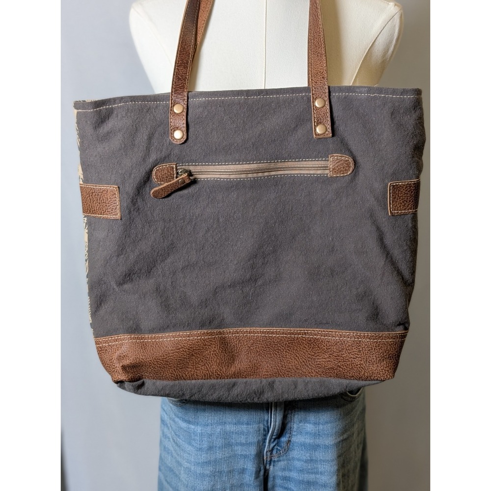 Myra Bag Upcycled Canvas Leather Patchwork Tote Bag Brown Grey Floral NWT - Picture 2 of 6